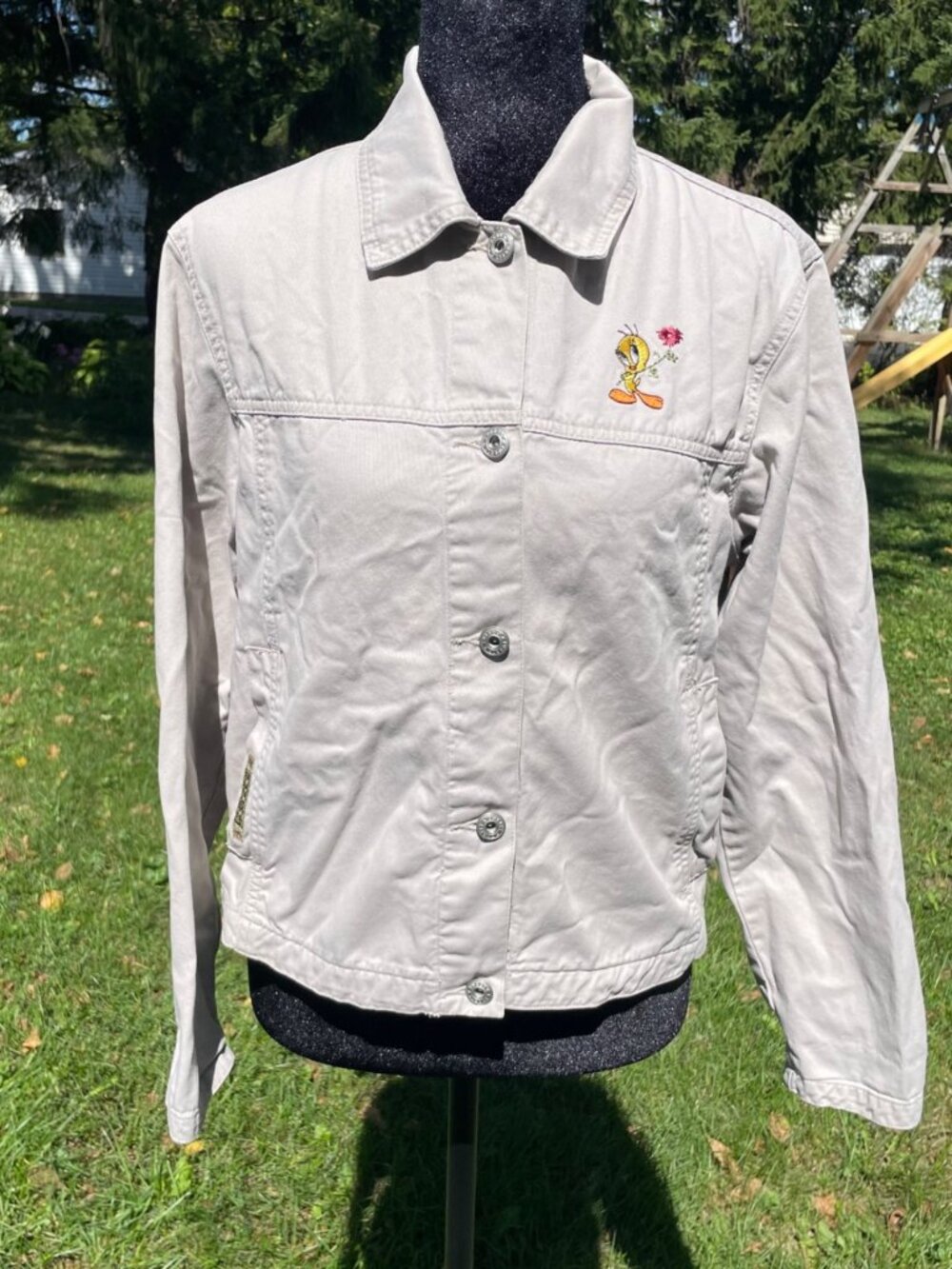 Vintage 90s Tweety's Garden Jacket Khaki Embroidered Floral Womens XS Cotton Art